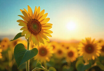 Golden Sunflower In A Field At Sunset