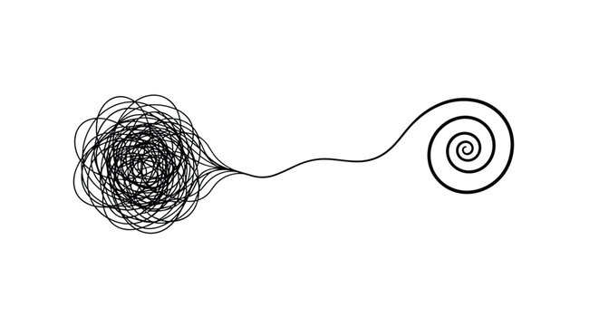 Understanding the transition from chaos to order through visual representation of a tangled line becoming a smooth spiral