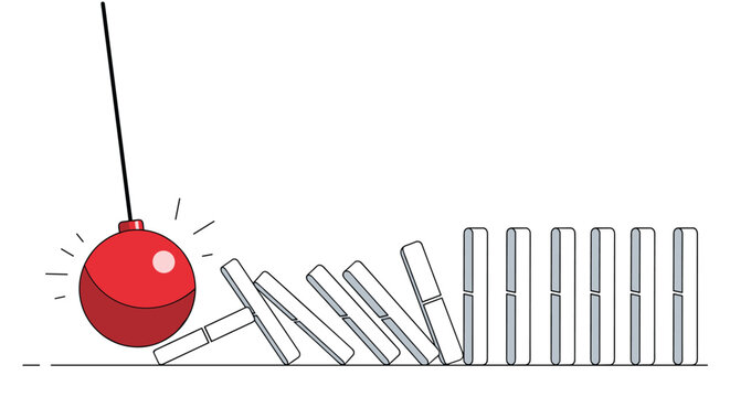 Wrecking ball initiating a chain reaction of falling dominoes demonstrating momentum transfer and cause effect