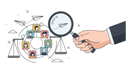 Analyzing human resources through legal frameworks and societal structures with magnifying glass and scales of justice