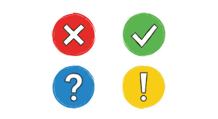 Four circular icons representing correct incorrect question and exclamation symbols in a doodle style