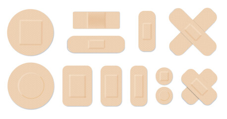 Medical plasters. Bandages set. Adhesive bandage for first aid for wounds operations and skin injuries. Protecting open wound from infection. Vector