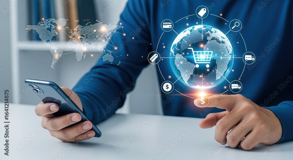 Poster global online shopping and e-commerce concept: man using smartphone with digital globe displaying sh