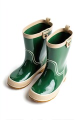 Two vibrant green rain boots, glossy and smooth, with cream-colored accents