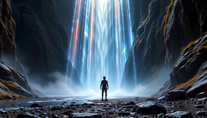 a person is standing amidst a vast, rocky cave with a massive waterfall in the background