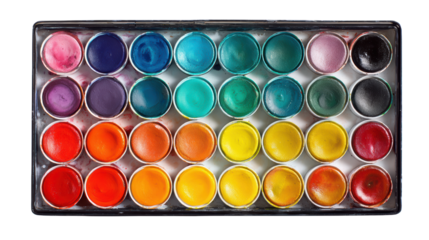 Colorful watercolor paint palette displayed on a white background for creative projects.