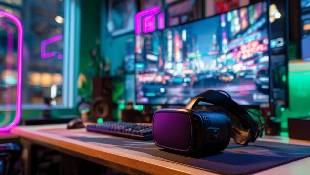 High-tech virtual reality headset on a desk in a futuristic gaming room with a glowing neon cyberpunk aesthetic.