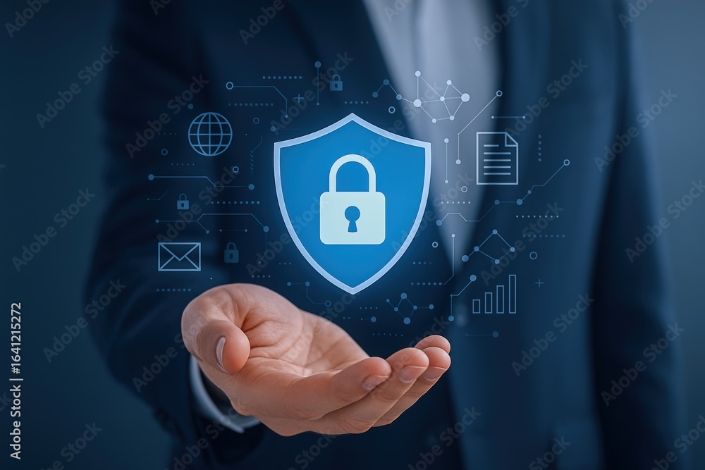 Poster data security concept: man presenting a digital shield with padlock for cyber protection and network
