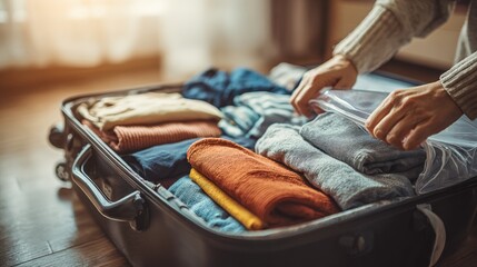 Packing Luggage with Folded Clothes: Preparing for Vacation, Travel, or Business Trip with Organized Essentials