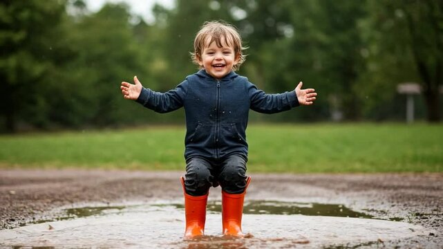 Joyful Toddler Splashing in Mud Puddle with Orange Boots. - Powered by Adobe