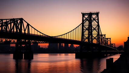 Fototapeta premium Majestic steel bridge at dusk reflects golden light on calm water under a gradient twilight sky.