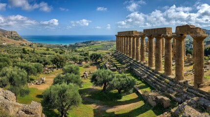 Fototapeta premium Agrigento Valley of the Temples, Italy: Doric Columns and Seaside Landscape on a Sunny Day