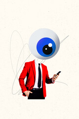 Vertical image pop trend collage of anonym man hold phone instead head eyeball stare cyberattack antivirus icon freemason