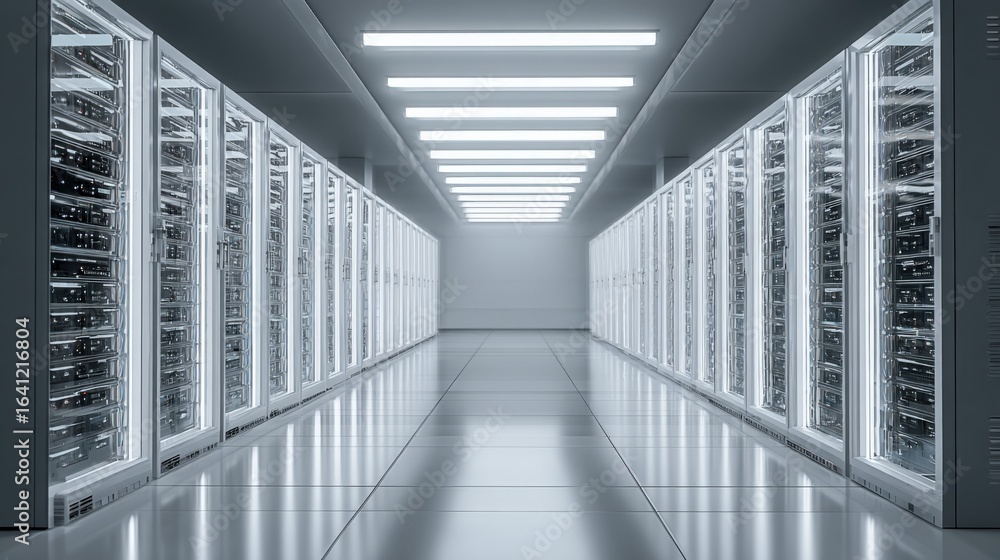 Poster server room data center: modern technology infrastructure with rows of rack mounted servers and brig
