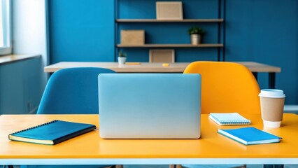 Modern home office setup with laptop and colorful chairs