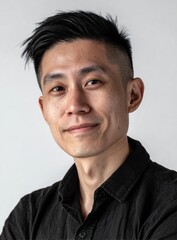 Fototapeta premium A close-up shot showcases a person with short, dark hair and a neutral expression, wearing a dark-colored shirt, against a plain, light-colored background.