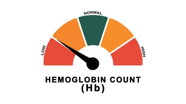 Animated hemoglobin count meter showing changes from normal to low levels for concepts related to anemia, blood health, and medical monitoring