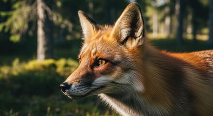 Fototapeta premium Close-up of a red fox in a forest. Sunlight highlights its fur