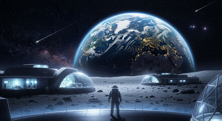 Astronaut on moon base looking at earth futuristic space exploration science fiction wallpaper background