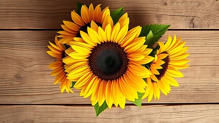 Sunflower bouquet on a rustic wooden surface with warm directional lighting.