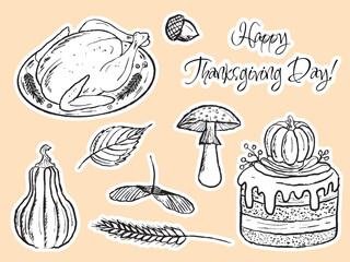 Happy Thanksgiving day sticker pack with roasted turkey, pumpkin pie, autumn leaves, mushroom, acorn in black brush stroke texture. Hand drawn vector sketch illustration in vintage charcoal ink. © Nataliya Pokrovska