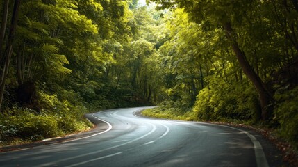 Obraz premium Winding road through a lush green rainforest. Nature landscape of an asphalt highway in a tropical forest. Travel and adventure concept.