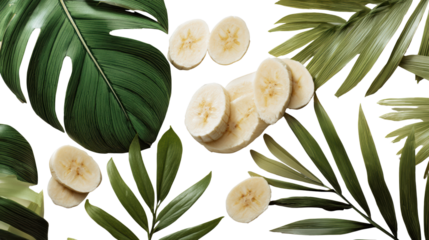 Fresh banana slices surrounded by tropical leaves on a white background, perfect for healthy recipes and snacks.