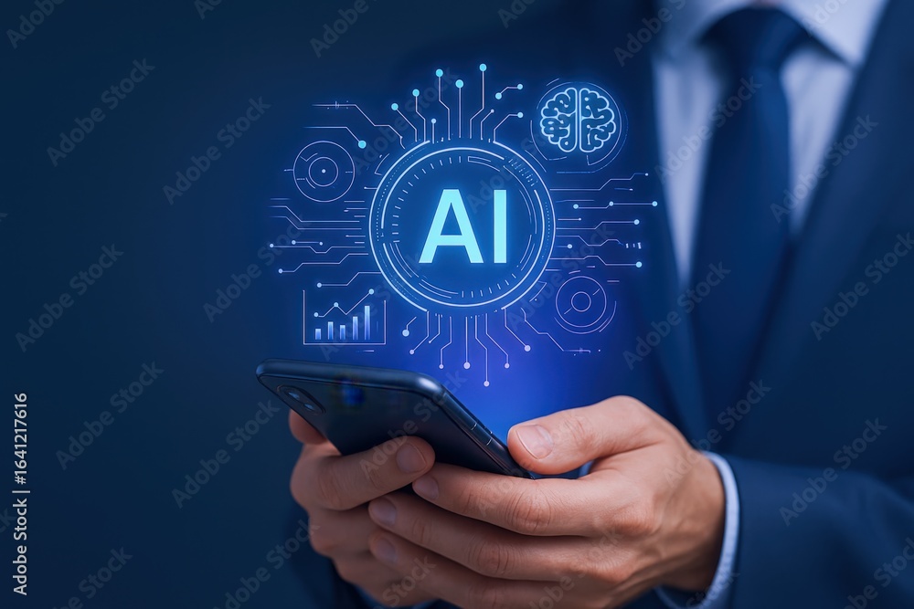Aufkleber artificial intelligence integration: business professional utilizing ai technology on smartphone for