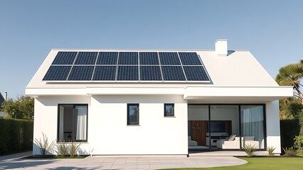 Fototapeta premium A modern white house with solar panels, basking in bright daylight, symbolizing sustainable energy and innovation.