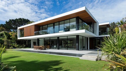Contemporary modern house with glass walls and garden