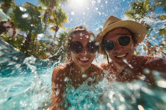 Happy young couple enjoying a sunny day splashing water in a tropical pool surrounded by palm trees