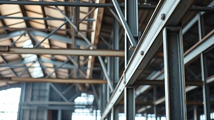 Fototapeta premium Industrial steel beams in a construction setting showcase architectural details with soft natural light.