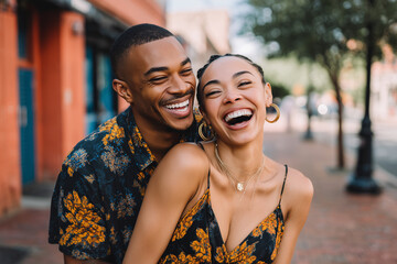 Happy young couple laughing together outdoors on a sunny day, enjoying joyful moments in urban setting