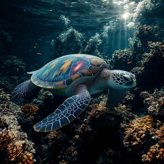 Fototapeta premium Cosmic Sea Turtle with Galaxy Shell, Abstract Watercolor Art