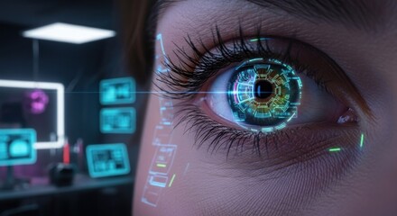 Close-up of a woman's eye with futuristic holographic interface overlay