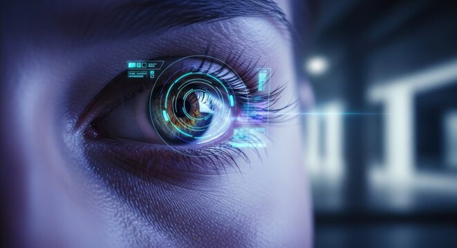 Close-up of an eye with futuristic HUD overlay - Powered by Adobe