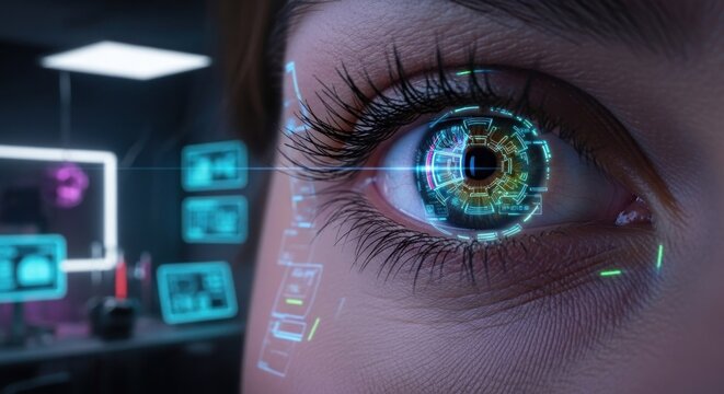 Close-up of a woman's eye with futuristic holographic interface overlay - Powered by Adobe