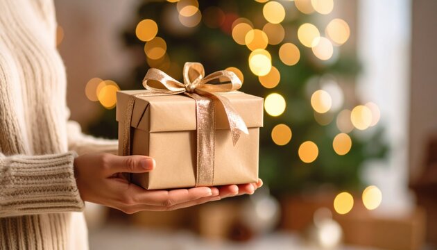 Joyful Woman Embracing the Spirit of Giving While Holding a Beautifully Wrapped Gift Box in Hand