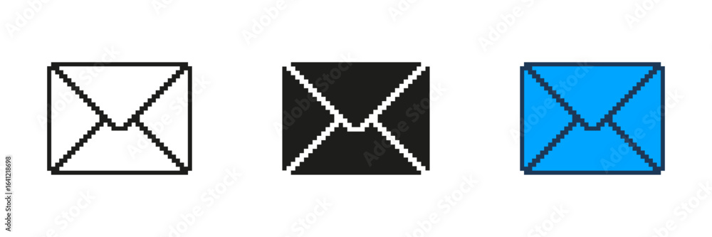 Poster pixelated envelope icon set. email and communication symbol in pixel art style. messaging and email 