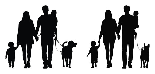 Silhouette of two families walking with children and dogs – black vector illustration symbolizing togetherness, parenting, and companionship