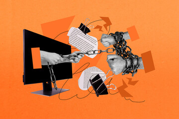 Composite image artwork 3D collage of two hand hold handcuffes metal chain computer monitor...