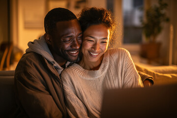 Happy multicultural couple enjoying a cozy evening together while looking at a laptop screen at home