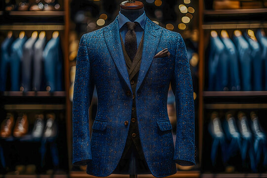 Modern formalwear scene featuring elegant business suit against dark