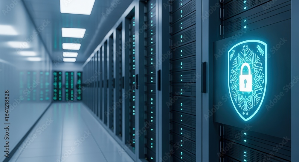 Aufkleber data center server room with digital shield, symbolizing cybersecurity and data protection