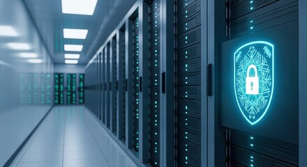 Data Center Server Room with Digital Shield, Symbolizing Cybersecurity and Data Protection
