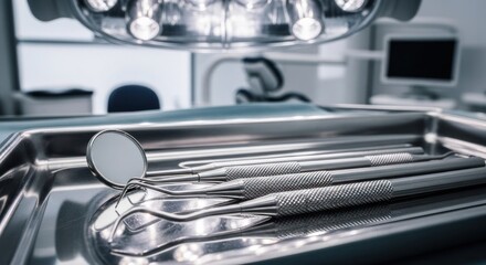 Close-up of dental instruments in a stainless steel tray, with a dental light fixture in the background. Modern dental office setting