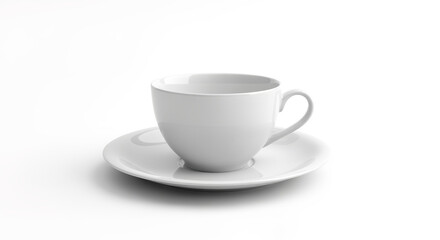 White ceramic teacup and saucer on white background for tea coffee hot beverage drink concept design