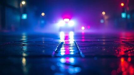 Glowing emergency lights reflecting on wet pavement at night, creating a dramatic atmosphere.