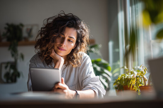 Thoughtful woman with curly hair reading on a tablet in a cozy, sunlit room surrounded by green plants