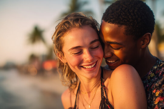 Romantic interracial couple sharing a joyful and intimate moment together at the beach during sunset